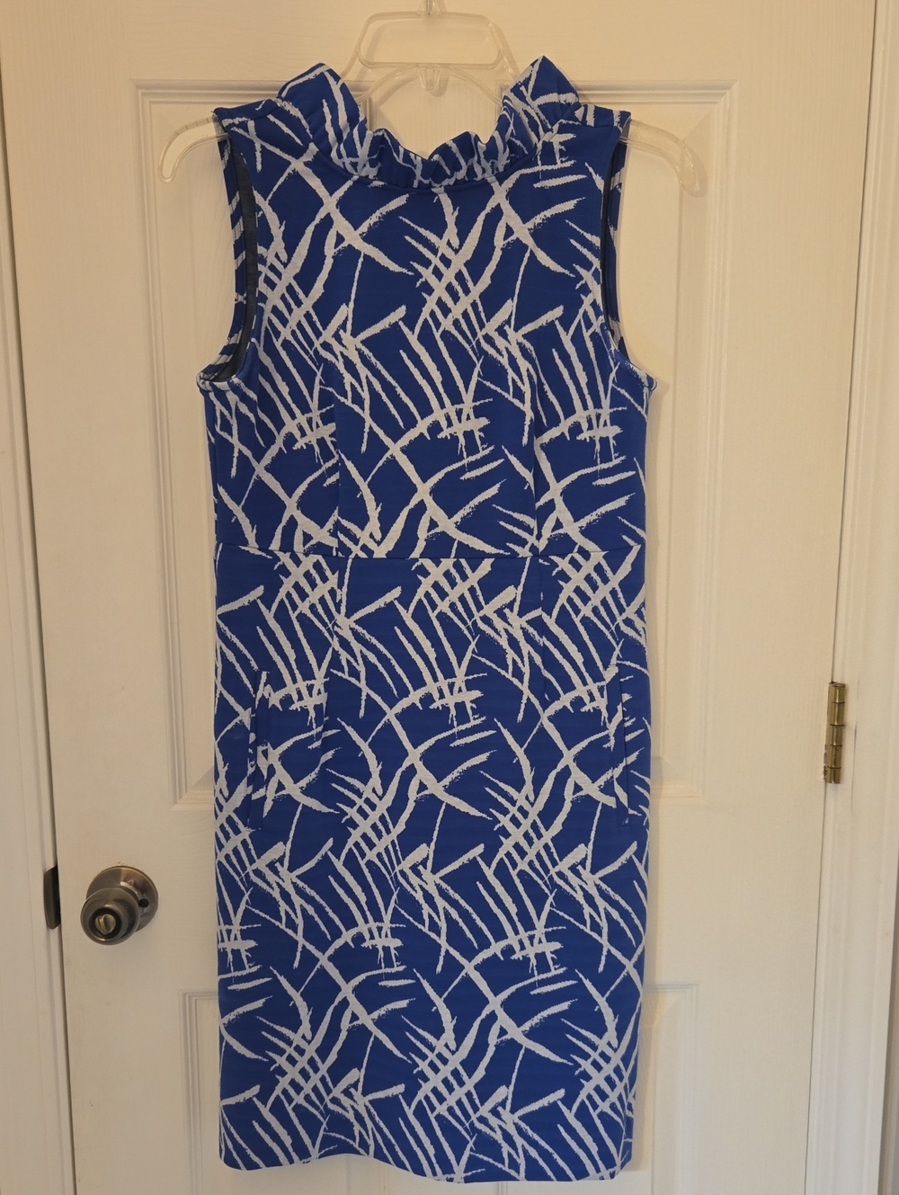 Tyler Boe Royal Blue & White Sleeveless Ruffle-Neck Sheath Dress